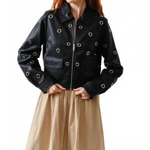NEW AARON & AMBER grommet faux leather jacket in black